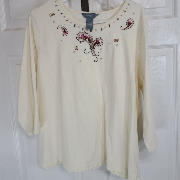 Koret Women's Quarter Sleeve Beadwork Blouse, Size: 1X Color: Cream - Picture 2 of 14